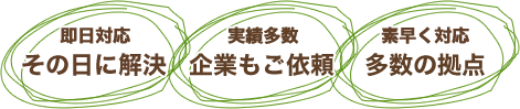 年間10万件以上の問い合わせ、即日対応最速15分着、全国拠点1,000箇所
